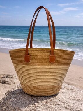 Striped Woven Tote Bag with Ivory & Blk